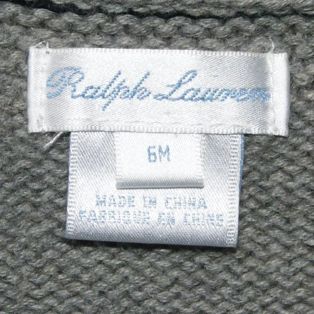 RALPH LAUREN Cardigan, 6m, Crested, Shawl collar, Grey/Black Cotton, Long sleeve
